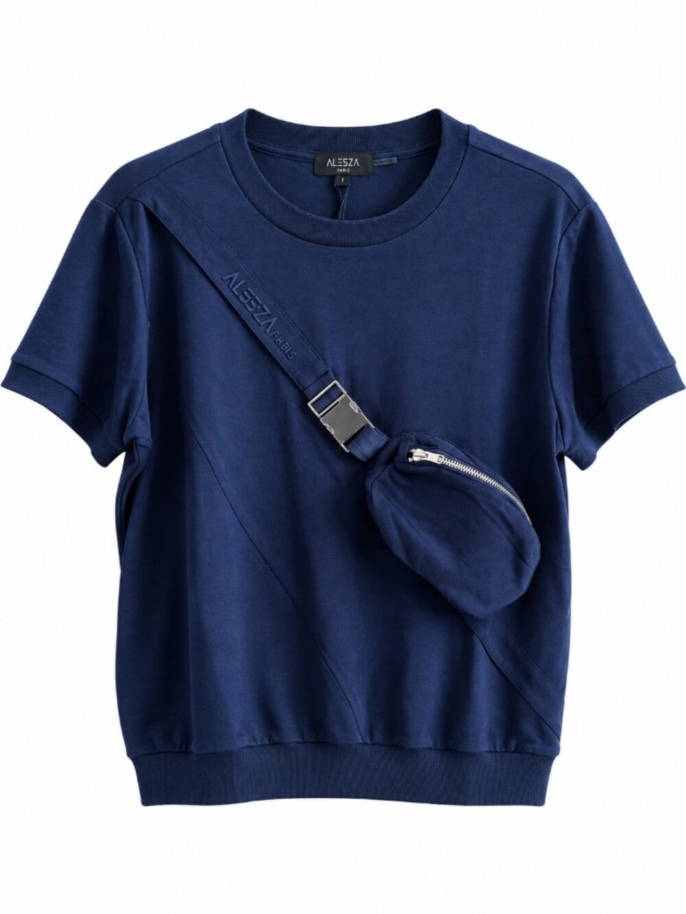 Aleeza Paris Navy Short-Sleeve Top With Sewn In Zippered Pouch Bag Size L Casual